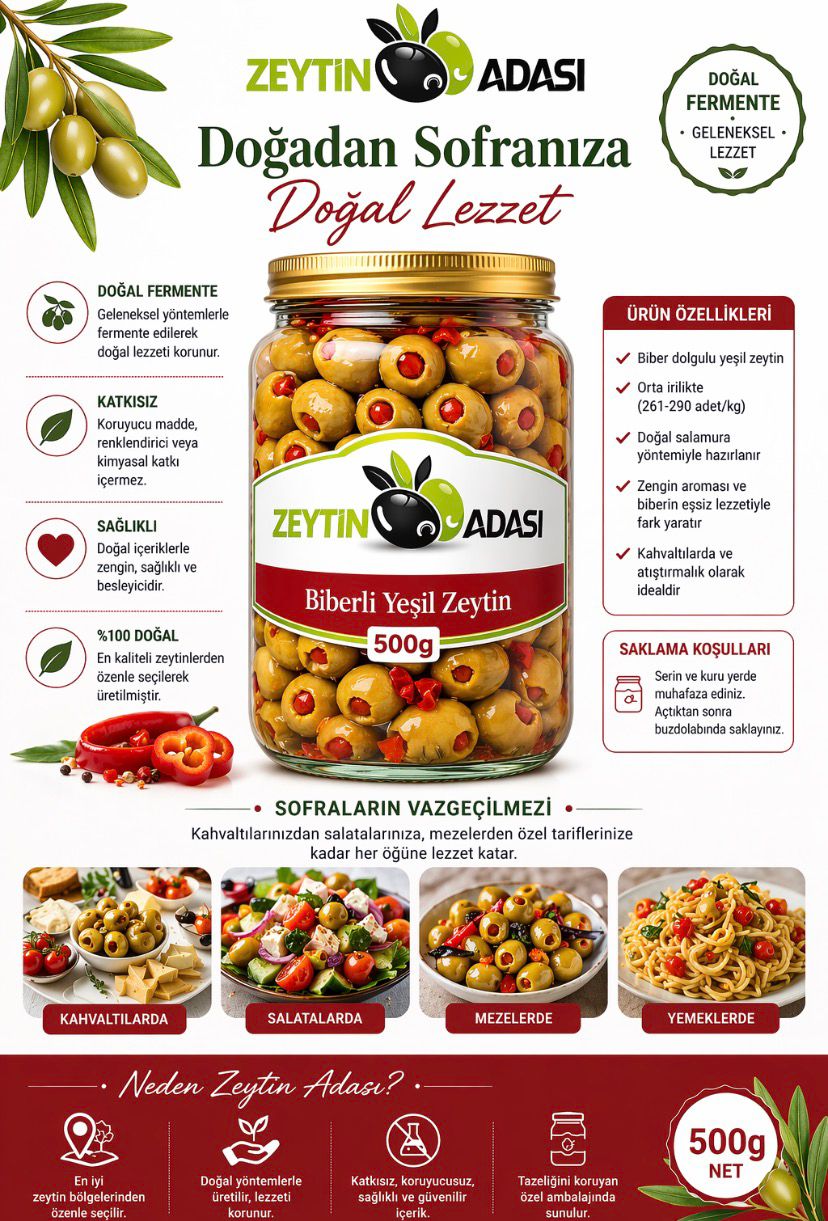 WhatsApp Image 2026-04-18 at 14.12.462 ELAS Zeytin Adası Biber Dolgulu Yeşil Zeytin İri Boy Doğal Salamura 500 gr - Görsel 1